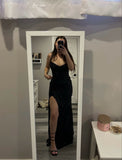 Sexy Mermaid Spaghetti Straps Black Sequin Slit Prom Dresses For Teens Formal Dress Party Outfits Prom Gown HZ0311
