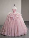 Modest Quinceanera Dresses Ball Gown Strapless Pink Tulle Birthday Gown Vestidos De 15 Anos Formal Party Puffy Sleeves Sweet 16 Dress HZ0311