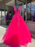 Modest Ball Gown V Neck Hot Pink Tulle Prom Dresses For Teens Formal Dress Party Outfits Prom Gowns HZ0311