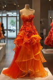 Modest Ball Gown Strapless Orange Tulle Prom Dresses For Teens Formal Dress Party Outfits Prom Gown HZ0311