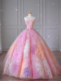 Cute Strapless Ball Gown Pink Floral Tulle Long Quinceanera Dress Strapless Sweet 15 16 Dress HZ0311