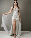 Sexy Mermaid Spaghetti Straps Silver Beaded Slit Prom Dresses Formal Dress 18th Birthday Outfits Prom Gown HZ0311