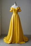 Sexy A Line Off The Shoulder Yellow Satin Prom Dresses For Teens Formal Dress Party Outfits Prom Gown HZ0311