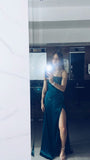Modest Sheath Spaghetti Straps Green Silk Satin Slit Prom Dresses For Teens Formal Dress Party Outfits Prom Gown HZ0311