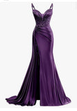 Modest Sheath Spaghetti Straps Grape Silk Satin Slit Prom Dresses For Teens Formal Dress Party Outfits Prom Gown HZ0311