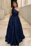 Sexy A Line One Shoulder Navy Blue Sequin Prom Dresses For Teens Formal Dress Party Outfits Prom Gown HZ0311