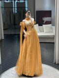 Unique A Line Off The Shoulder Tulle Lace Gold Prom Dresses inspiration Long Party Dress Birthday Outfits Graduation Dress HZ0311