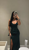 Sexy Mermaid Spaghetti Straps Dark Green Satin Slit Prom Dresses For Teens Formal Dress Party Outfits Prom Gown HZ0311