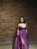 Elegant A Line Spaghetti Straps Dark Grape Tulle Slit Prom Dresses For Teens Formal Dress Party Outfits Prom Gown HZ0311