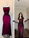 Vintage Mermaid Spaghetti Straps Black Burgundy Tulle Prom Dresses For Teens Formal Dress Party Outfits Prom Gowns HZ0311