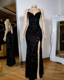 Sexy Mermaid Spaghetti Straps Black Sequin Slit Prom Dresses Formal Dress 18th Birthday Outfits Prom Gown HZ0311