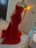 Shining Mermaid Sweetheart Red Slit Sequin Prom Dresses For Teens Formal Dress Party Outfits Prom Gown HZ0311