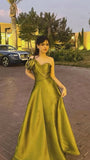 Sexy A Line One Shoulder Olive Green Satin Prom Dresses For Teens Formal Dress Party Outfits Prom Gown HZ0311