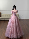 Unique Ball Gown Off The Shoulder Tulle Lace Pink Prom Dresses inspiration Long Party Dress Birthday Outfits Graduation Dress HZ0311