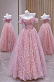 Unique Ball Gown Off The Shoulder Tulle Lace Pink Prom Dresses inspiration Long Party Dress Birthday Outfits Graduation Dress HZ0311