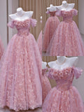 Unique Ball Gown Off The Shoulder Tulle Lace Pink Prom Dresses inspiration Long Party Dress Birthday Outfits Graduation Dress HZ0311