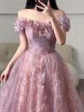 Unique Ball Gown Off The Shoulder Tulle Lace Pink Prom Dresses inspiration Long Party Dress Birthday Outfits Graduation Dress HZ0311