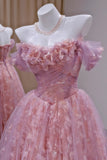 Unique Ball Gown Off The Shoulder Tulle Lace Pink Prom Dresses inspiration Long Party Dress Birthday Outfits Graduation Dress HZ0311