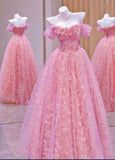 Unique Ball Gown Off The Shoulder Tulle Lace Pink Prom Dresses inspiration Long Party Dress Birthday Outfits Graduation Dress HZ0311