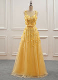Cute A Line Yellow Lace Appliqued Prom Dresses Inspiration For Teens Formal Dress Party Outfits Prom Gown HZ0311