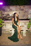 Unique Mermaid V Neck Sleeveless Classy Emerald Green Sequin Prom Dresses Inspiration Party Dress Princess Graduation Dress HZ0311