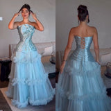 Charming Ball Gown Strapless Blue Tulle Prom Dresses Inspiration For Teens Formal Dress Party Outfits Prom Gown Ideas HZ0311