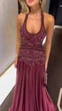 Classy Mermaid Halter Dark Red Burgundy Chiffon Prom Dresses Inspo For Teens Formal Dress Party Outfits Prom Gowns HZ0311