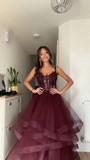 Unique Ball Gown Spaghetti Straps Navy Blue Tulle Lace Prom Dresses Party Dress 21st Birthday Outfits Graduation Dress HZ0311
