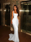 Elegant Mermaid Square Champagne Prom Dresses Party Dress 16th Birthday Outfits Senior Graduation Dress HZ0311