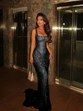 Lavish Mermaid Square Sleeveless Beaded Mermaid Prom Dress Formal Evening Gowns HZ0311