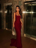 Elegant Mermaid Square Champagne Prom Dresses Party Dress 16th Birthday Outfits Senior Graduation Dress HZ0311