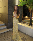 Unique Mermaid Sweetheart Yellow Lace Slit Prom Dresses Long Party Dress 21st Birthday Outfits Graduation Dress HZ0311