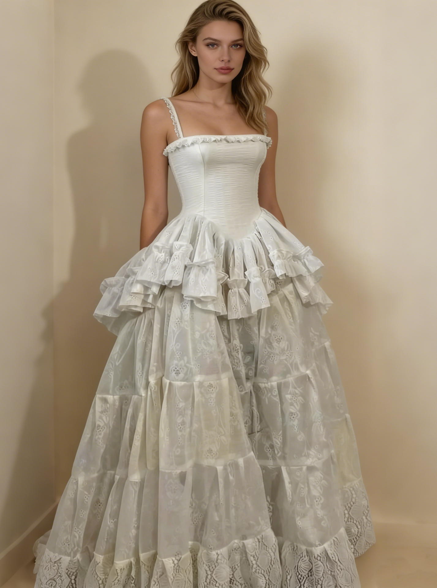 Retro Spaghetti Straps A-Line Lace Ruffles Vintage Wedding Dress Eveing Dress, HZ0427