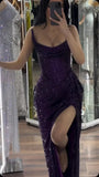 Unique Mermaid Strapless Dark Purple Sequin Split Prom Dresses Long Party Dress Birthday Outfits Prom Gown HZ0311