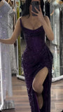 Unique Mermaid Strapless Dark Purple Sequin Split Prom Dresses Long Party Dress Birthday Outfits Prom Gown HZ0311