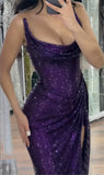 Unique Mermaid Strapless Dark Purple Sequin Split Prom Dresses Long Party Dress Birthday Outfits Prom Gown HZ0311