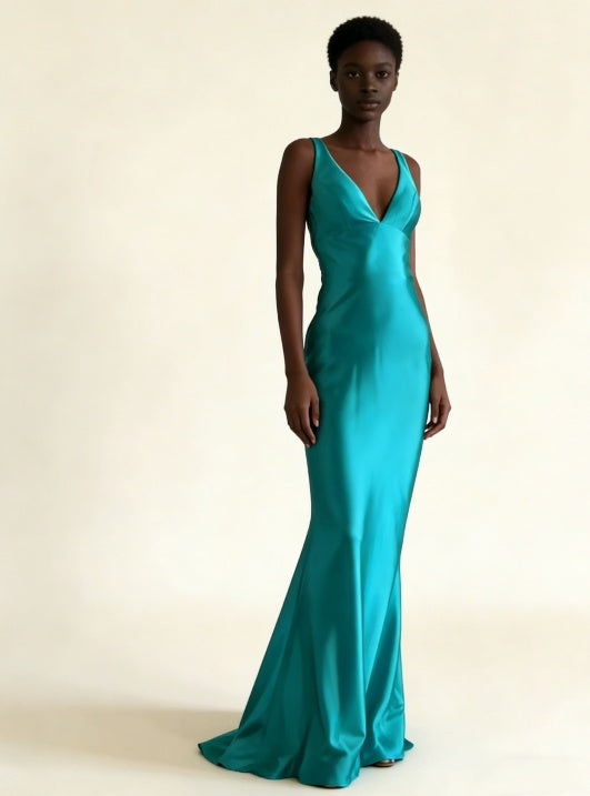 Turquoise V Neck Backless Mermaid Satin Long Formal Party Dress, HZ0427