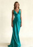 Turquoise V Neck Backless Mermaid Satin Long Formal Party Dress, HZ0427