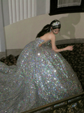 Sparkly Ball Gown Strapless Silver Sequin Long Quinceanera Dress Birthday Luxury Sweet 15 16 Birthday Gown HZ0311