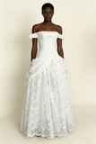 White Off Shoulder A-Line Lace Long Party Dress Vintage Wedding Dress HZ0427