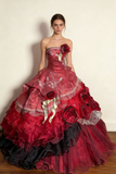 Wine Red Strapless A-Line Lace Floral Long Prom Dress Evening Ball Gown Sweet16 Dress, HZ0427