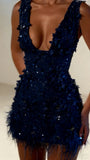 Sparkly Sheath V Neck White Feathers Beaded Wedding Dress Short Bridal Gown Wedding Dresses HZ0311
