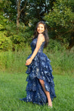 Special Ball Gown Sweetheart Strap Dark Navy Blue Lace With High Slit Sleeveless Long Prom Dresses Inspo Prom Gown HZ0311