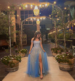 Charming A Line Strapless Light Blue Tulle Slit Lace Prom Dress Inspo Aesthetic For Teens Formal Dresses Party Outfits Prom Gown HZ0311