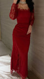 Modest Mermaid Square Neck Red Long Sleeves Lace Prom Dresses Party Dress 21st Birthday Outfits Graduation Dress HZ0311