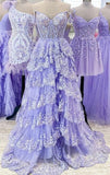 A-Line Lace Off-the-Shoulder Tiered Long Prom Dress with Slit Formal Evening Gowns HZ0311