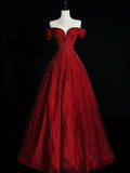 Shinning Ball Gown Off The Shoulder Red Tulle With Beads For Women Party Dresses Long Formal Prom Dresses 22th Birthday Gown HZ0311