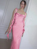 Classy Satin Backless Maxi Dress Tassels Sexy Sleeveless Prom Dresses Formal Dress HZ0311
