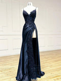 Classy Spaghetti Straps Mermaid Wine Red V Neck Satin Lace Long Prom Dresses Formal Dress HZ0311