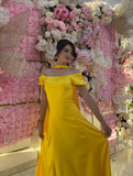 Gorgeous Yellow Sheath Off The Shoulder Yellow Satin High Slit Prom Dresses With Scarf HZ0311